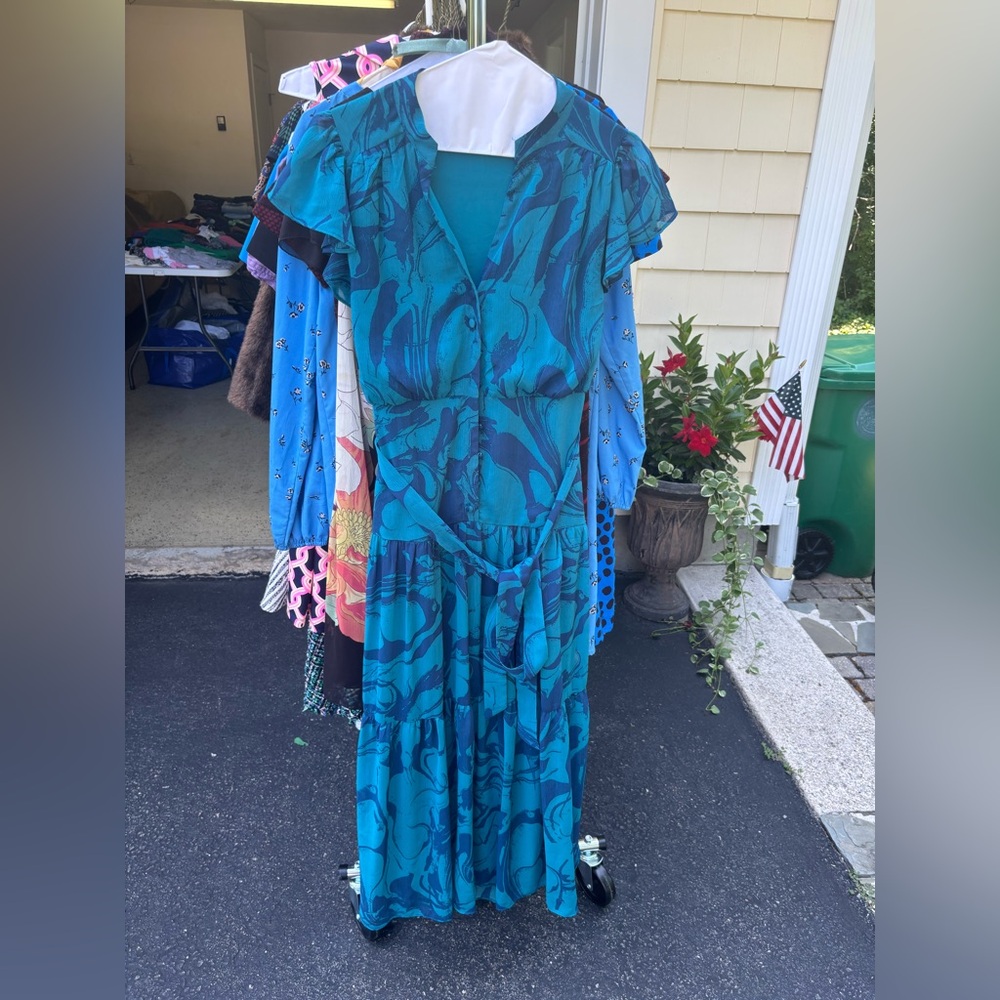 Taylor Teal and Navy Patterned Ruffled Maxi Dress